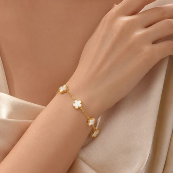 Alternative view of Roman 5 flower White Color Gold Plated Chain Bracelet