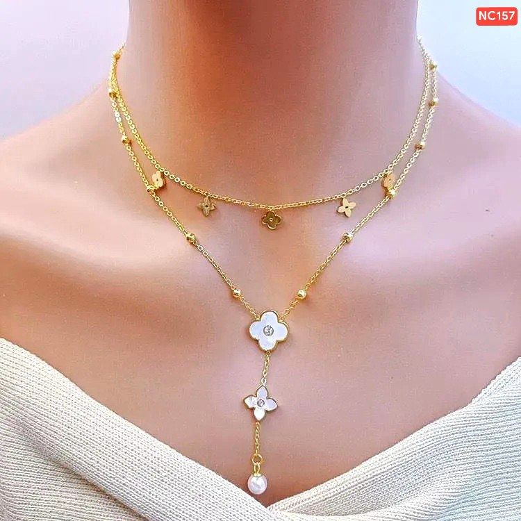 2 White flower and multi Golden flower 2 layer Necklace NC157