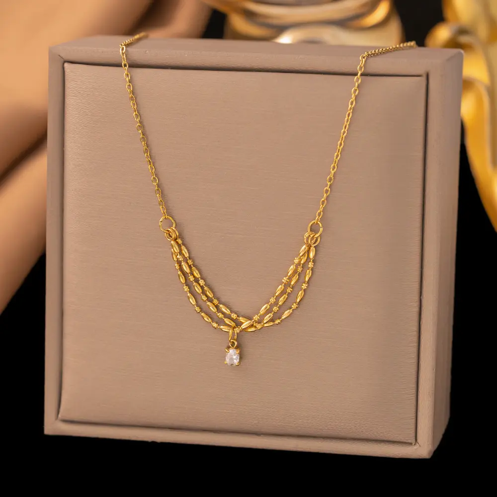 3 Layer Chain with White Zircon Stone pendant 22Karet Gold Plated Necklace