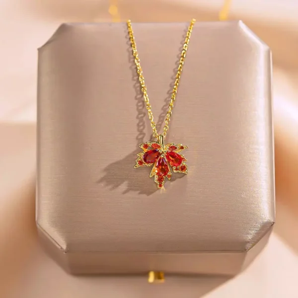 Alternative view of Red Zircon Stone maple Leaf Pendant 22Karet Gold Plated Chain Necklace