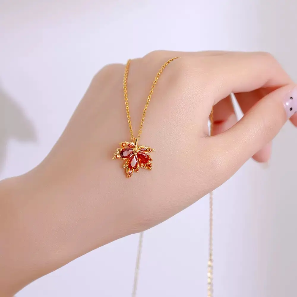 Red Zircon Stone maple Leaf Pendant 22Karet Gold Plated Chain Necklace - Image 3