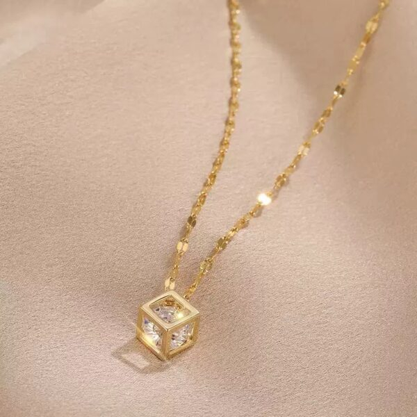 Alternative view of White Stone Inside Golden Square Box Hanging Pendant 22Karet Gold Plated Necklace