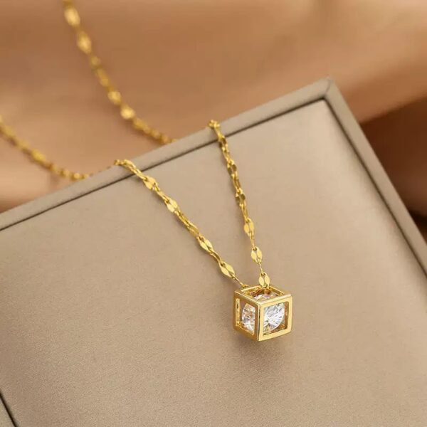 White Stone Inside Golden Square Box Hanging Pendant 22Karet Gold Plated Necklace