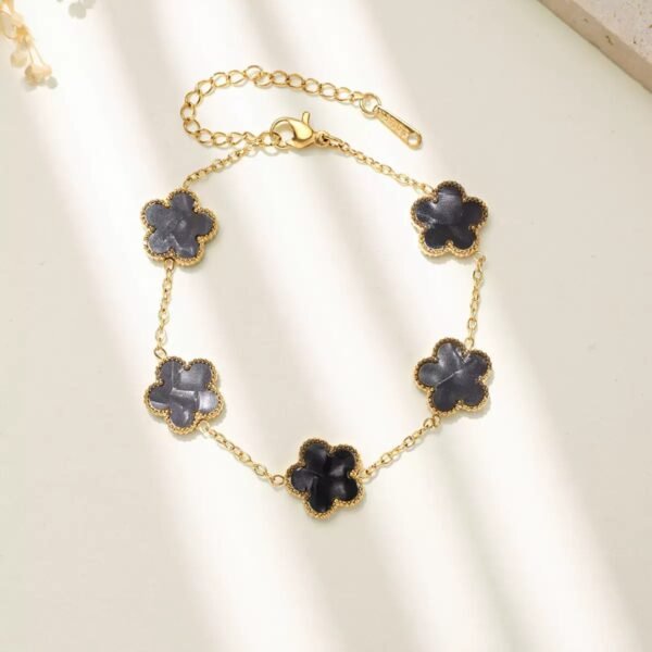 Alternative view of Roman 5 flower Black Color Gold Plated Chain Bracelet