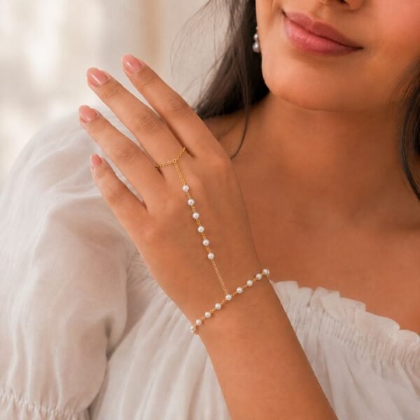 22 karet Stainless Steel Gold Plated Pearl Bracelet Chain Attached Ring
