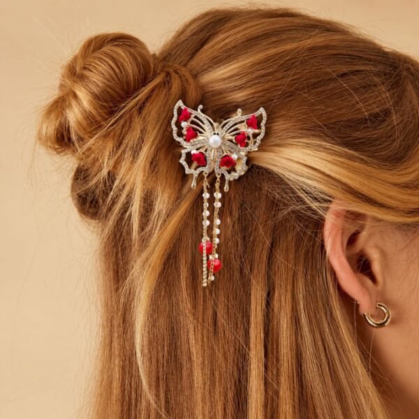 Original Chineese Imported Butterfly Design Red & White Stone Hair Clip