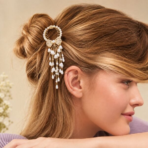Alternative view of Original Chineese Imported 7 White Floral With Pearl Bow tie Design Hair Clip