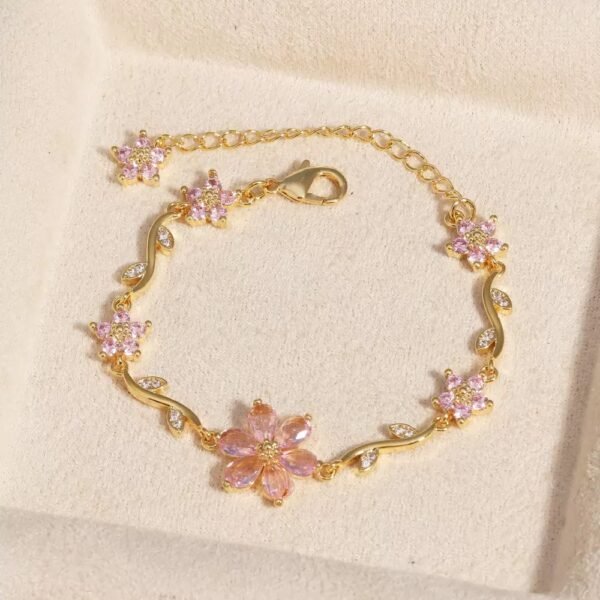 22 karet Gold Plated Diamond Cut Stainless Steel Flower pink zircon gold bracelet.