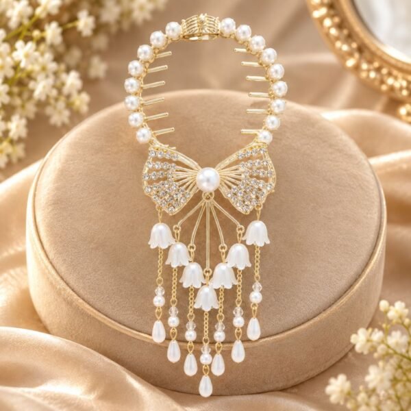 Original Chineese Imported 7 White Floral With Pearl Bow tie Design Hair Clip