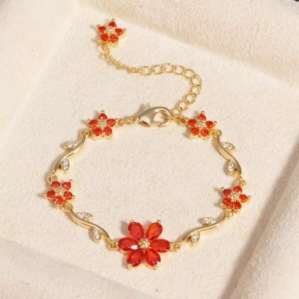 22 karet Gold Plated Diamond Cut Stainless Steel Flower red zircon gold bracelet