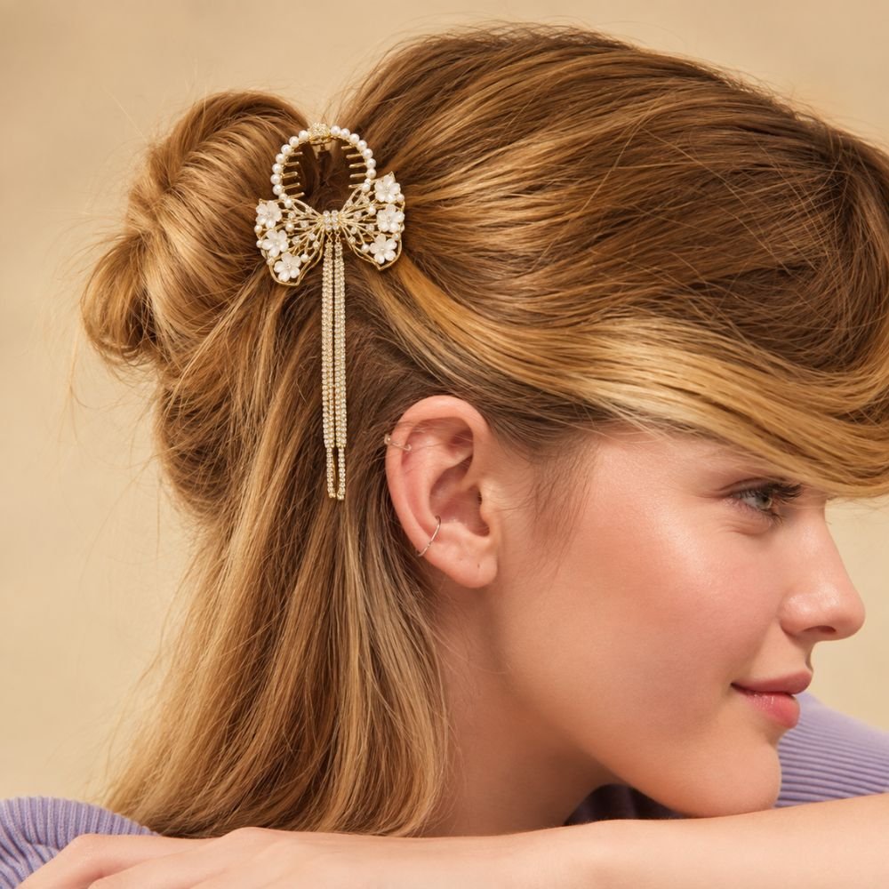 Original Chineese Imported 2 White Chain With Bow tie Design Hair Clip