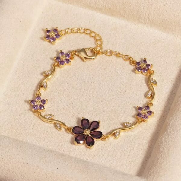 22 karet Gold Plated Diamond Cut Stainless Steel Flower purple zircon gold bracelet