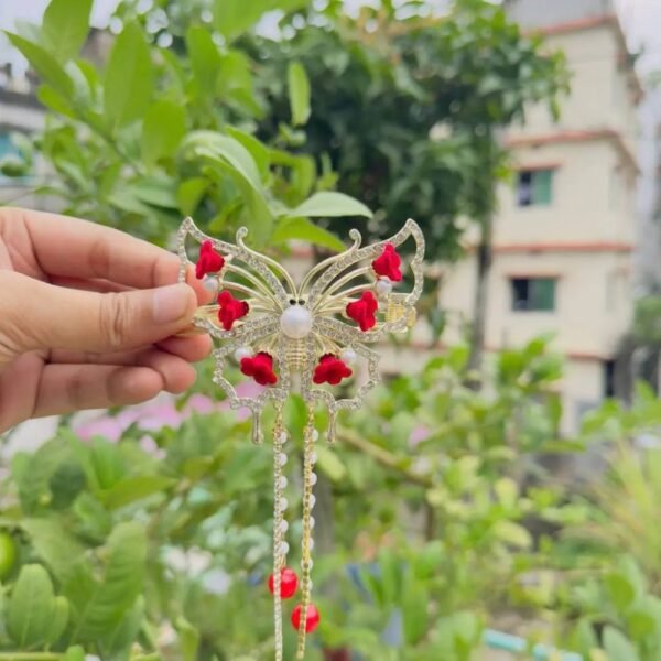 Original Chineese Imported Butterfly Design Red & White Stone Hair Clip - Image 3
