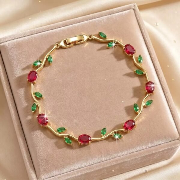 22 karet Gold Plated Diamond Cut Stainless Steel Red diamond green leaf branch gold Trendy tulip bracelet