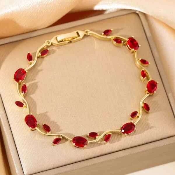 22 karet Gold Plated Diamond Cut Stainless Steel Pigeon blood red Trendy tulip bracelet