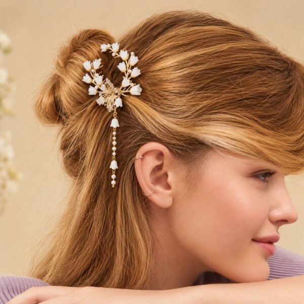 Alternative view of Original Chineese Imported White Ring Floral With Stoned Butterfly Hair Clip
