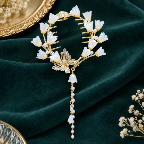 Original Chineese Imported White Ring Floral With Stoned Butterfly Hair Clip