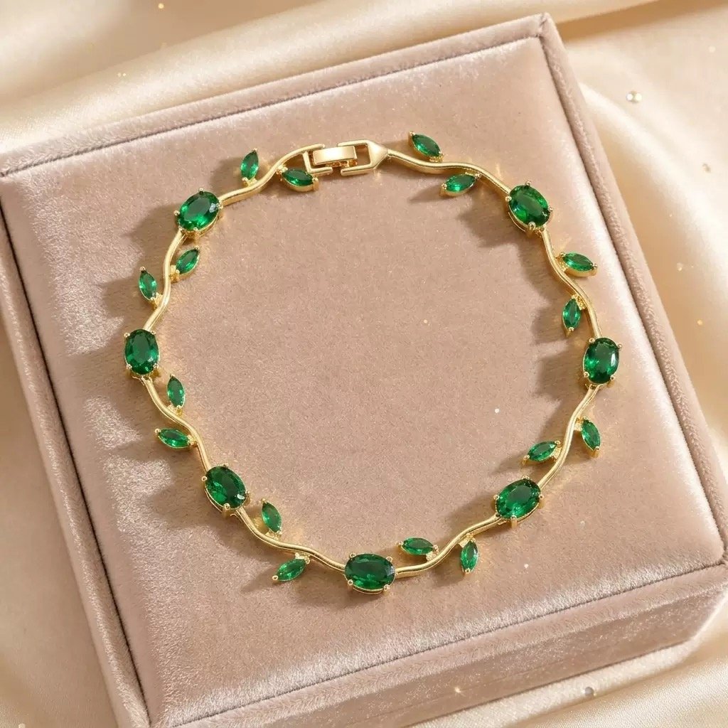 22 karet Gold Plated Diamond Cut Stainless Steel Emerald green trendy tulip bracelet