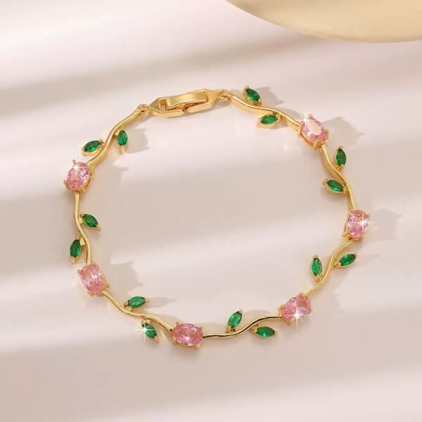 22 karet Gold Plated Diamond Cut Stainless Steel Pink+green trendy tulip bracelet
