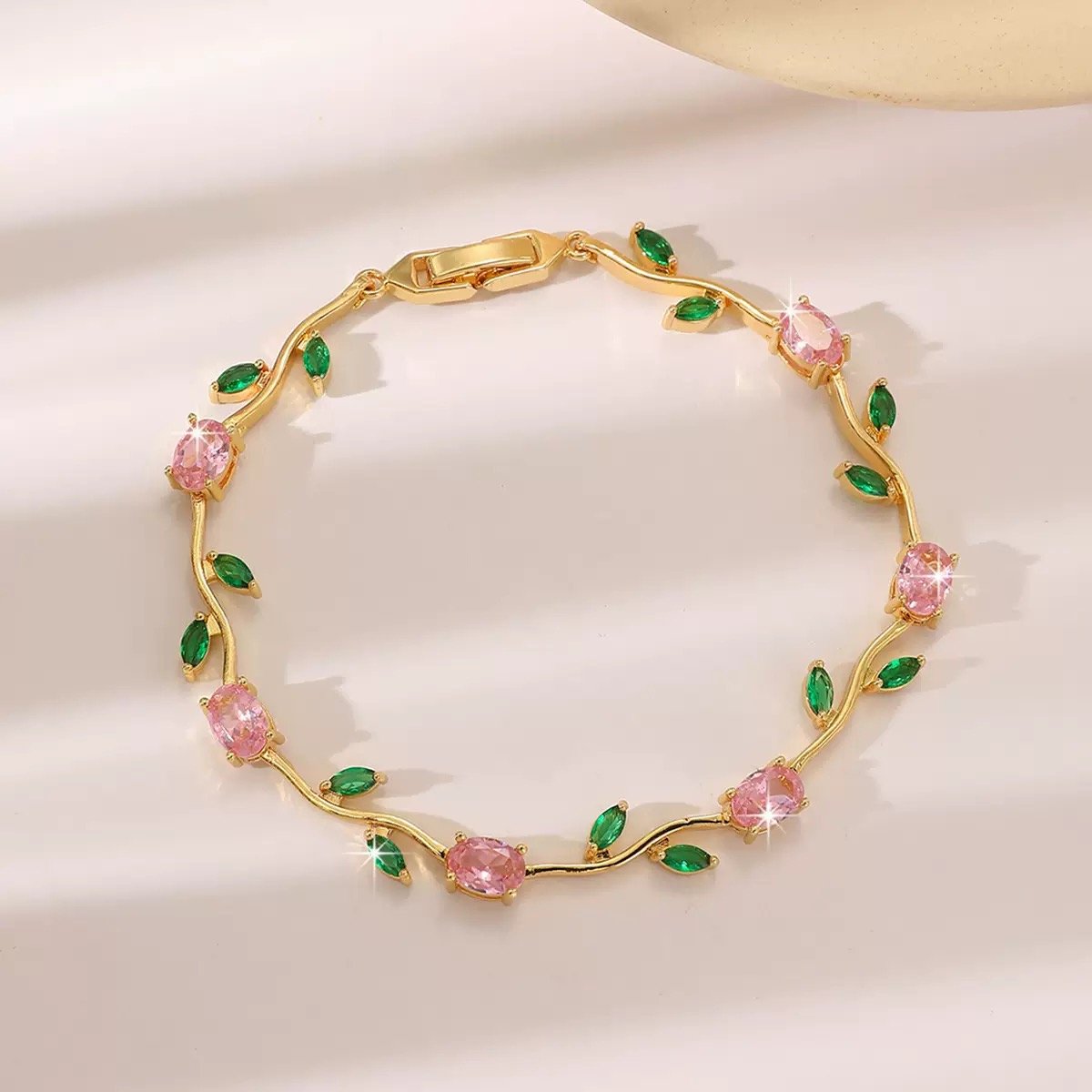 22 karet Gold Plated Diamond Cut Stainless Steel Pink+green trendy tulip bracelet